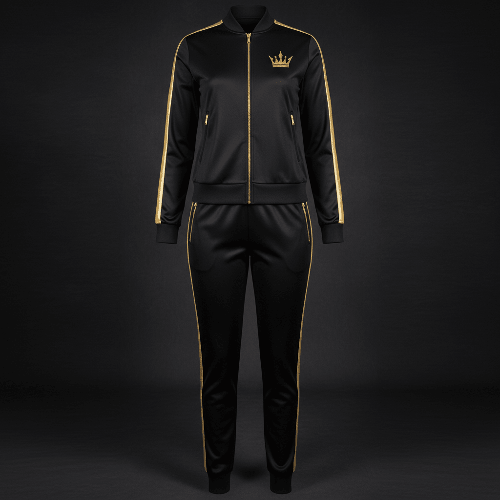 TITAN Sport black streetwear tracksuit with gold stripes, zippers, and Queen Crown logo embroidery on the jacket.