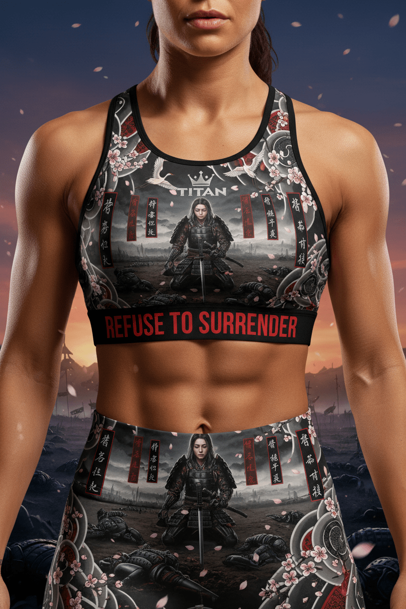 Titan Sport sports bra featuring samurai graphic, cherry blossoms, and "Refuse to Surrender" slogan.