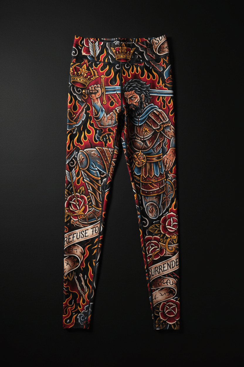 Titan Sport Global leggings featuring warrior, sword, and rose tattoo-style print with "Refuse to Surrender" text.