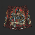 Titan Sport shorts featuring a knight with a sword, flames, roses, and the "Refuse to Surrender" motivational banner.