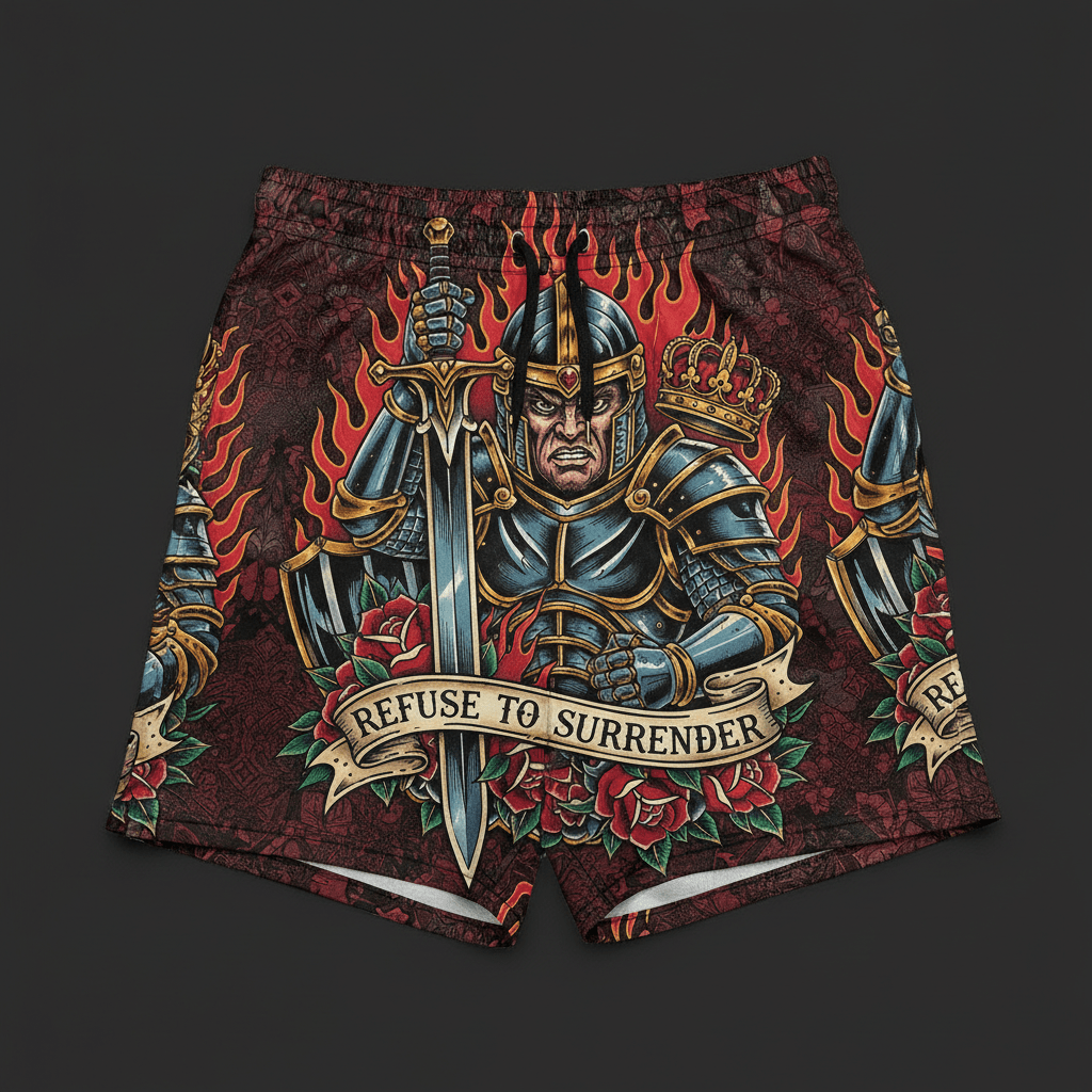 Titan Sport shorts featuring a knight with a sword, flames, roses, and the "Refuse to Surrender" motivational banner.