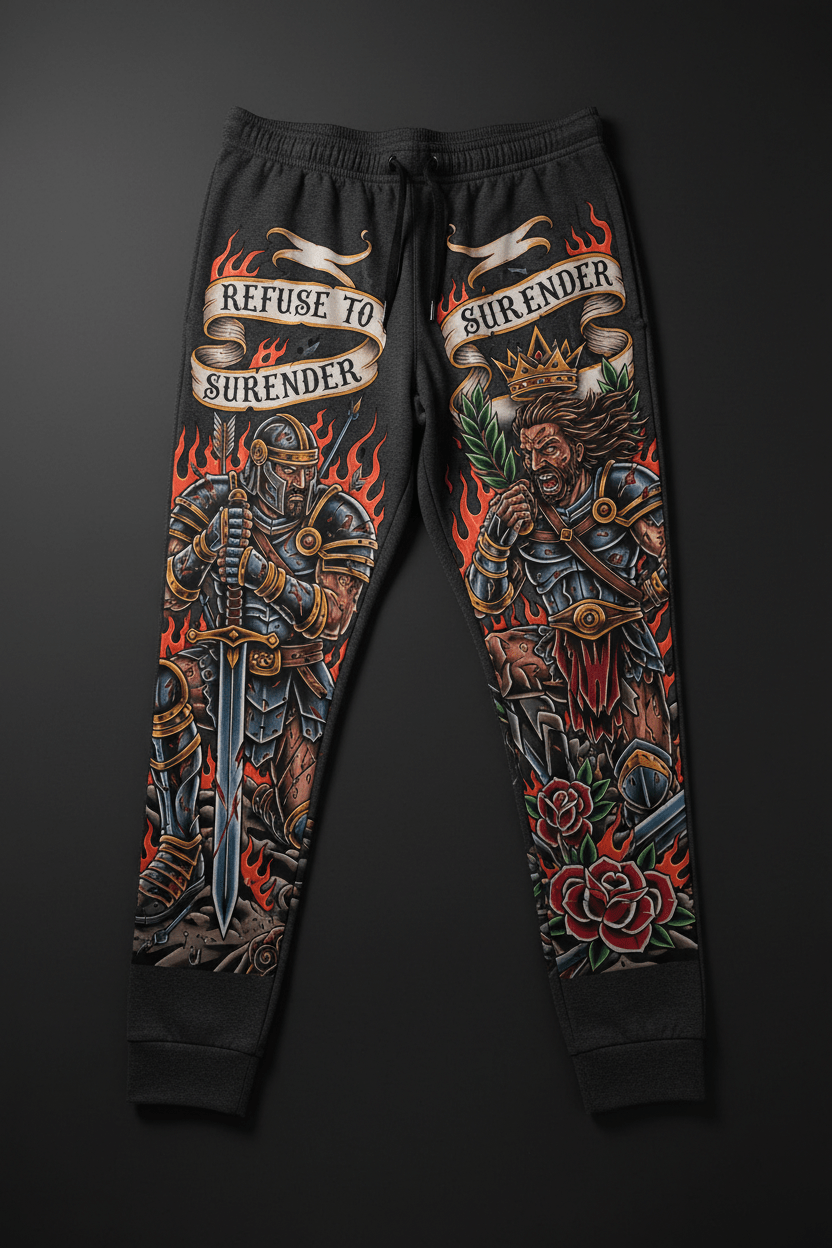 Black joggers featuring warrior tattoos, fire, roses, and the motivational "Refuse to Surrender" banner design.