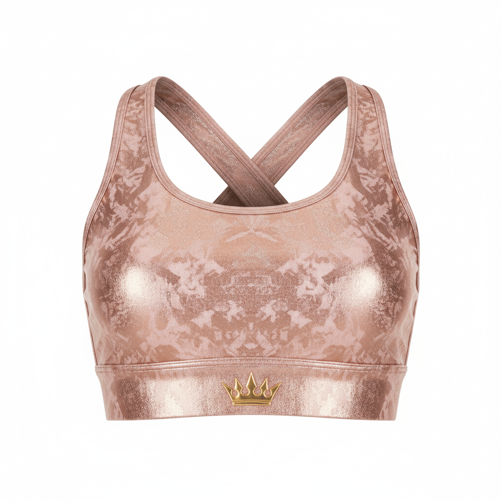 Rose gold metallic sports bra with subtle camo-like pattern, crisscross back straps, and a small gold crown logo.