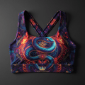 TITAN SPORT Sacred Serpent sports bra. Women’s streetwear with blue snake, fiery patterns, and gold crown logo.