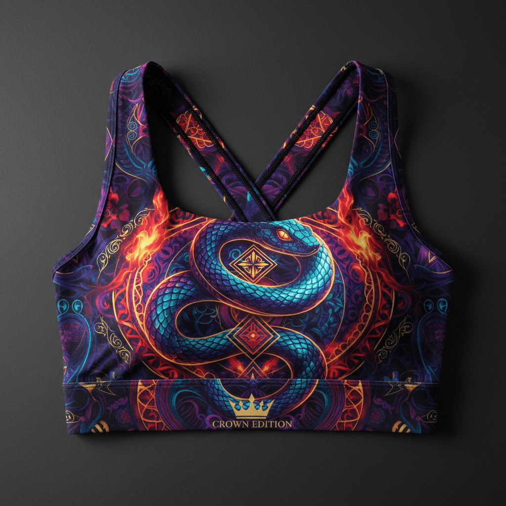TITAN SPORT Sacred Serpent sports bra. Women’s streetwear with blue snake, fiery patterns, and gold crown logo.