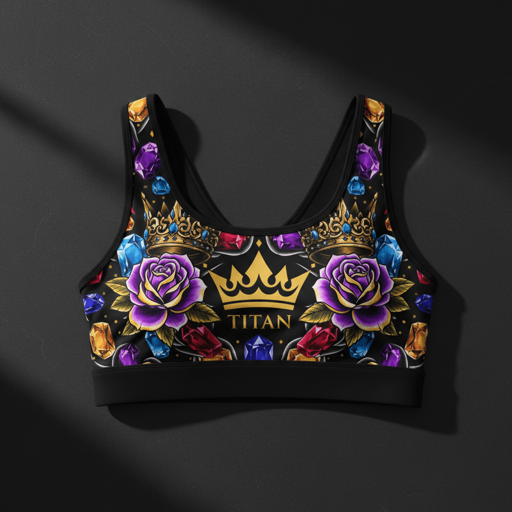 Black high-impact sports bra with gold crowns, purple roses, and colorful gemstone pattern. "TITAN" logo at center.