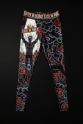 Titan Sport leggings featuring red roses, dark clouds, and motivational "Suffer in Silence, Excel in Public" print.