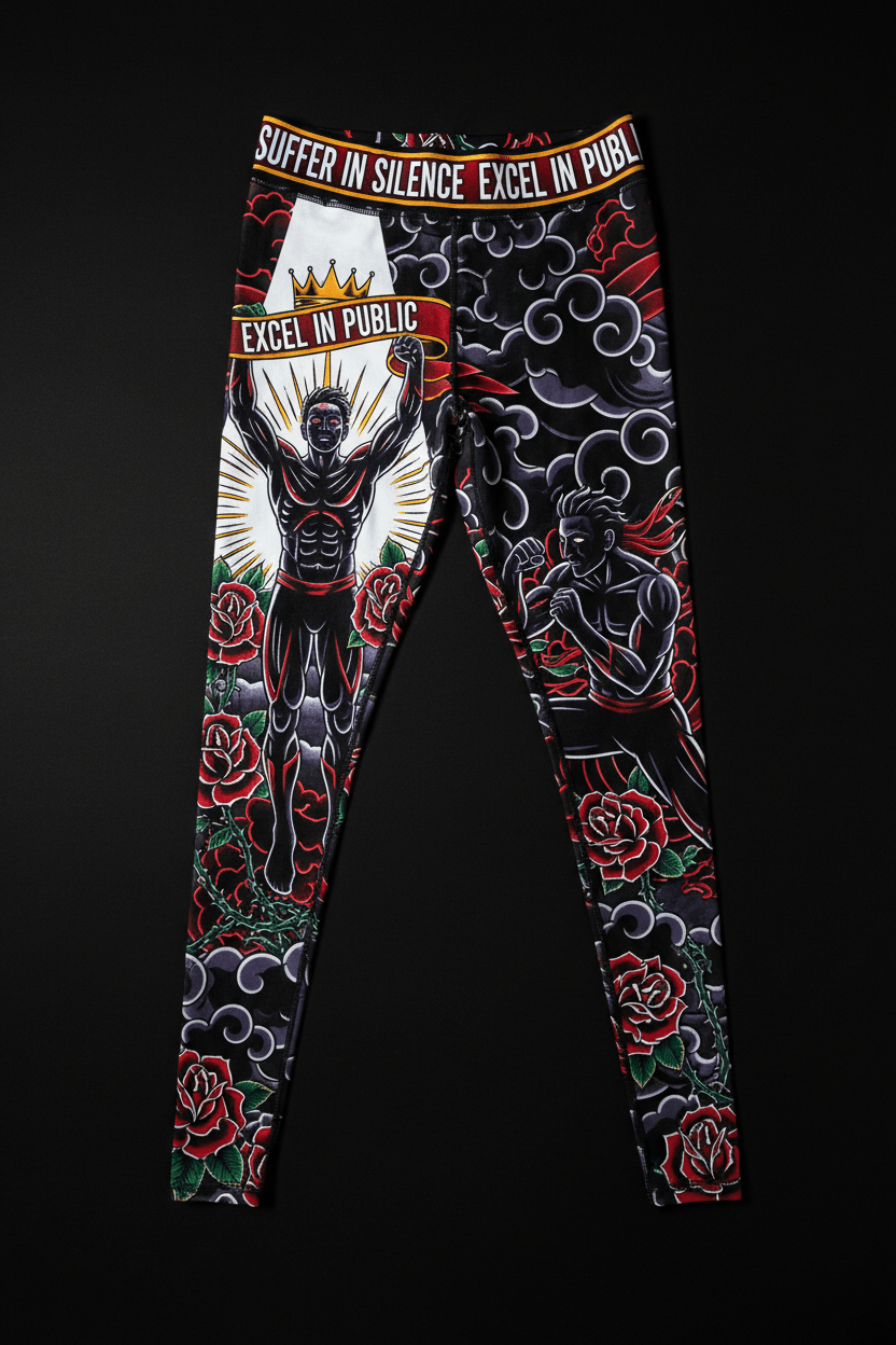Titan Sport leggings featuring red roses, dark clouds, and motivational "Suffer in Silence, Excel in Public" print.