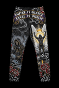 Titan Sport sweatpants with "Suffer in Silence, Excel in Public" print featuring heroic figures, roses, and storm art.