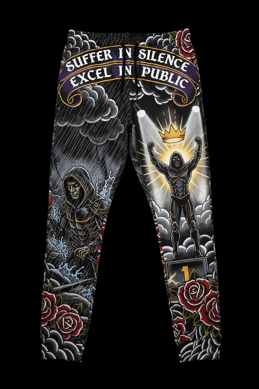 Titan Sport sweatpants with "Suffer in Silence, Excel in Public" print featuring heroic figures, roses, and storm art.