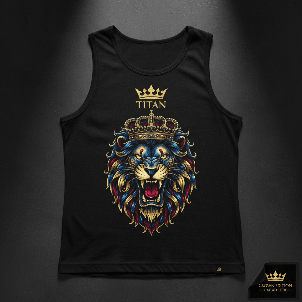 Black muscle fit tank top featuring a roaring lion wearing a crown, with TITAN text in gold print.