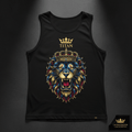 Black muscle fit tank top featuring a roaring lion wearing a crown, with TITAN text in gold print.