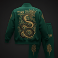 Emerald green tracksuit with gold Serpent King embroidery, crown detailing, and Titan Sport Global branding.
