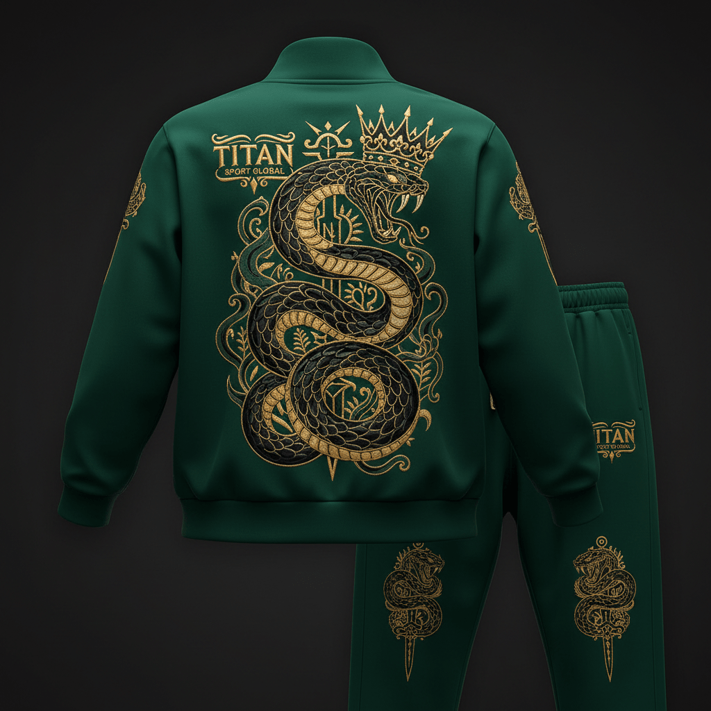 Emerald green tracksuit with gold Serpent King embroidery, crown detailing, and Titan Sport Global branding.