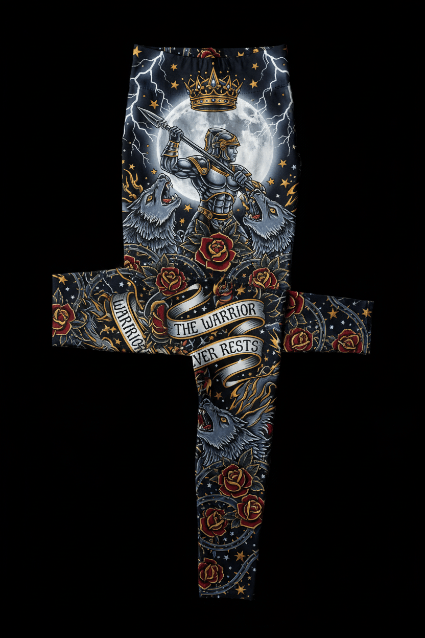 Titan Sport leggings featuring a warrior, wolves, and roses with the motivational text, "The Warrior Never Rests."