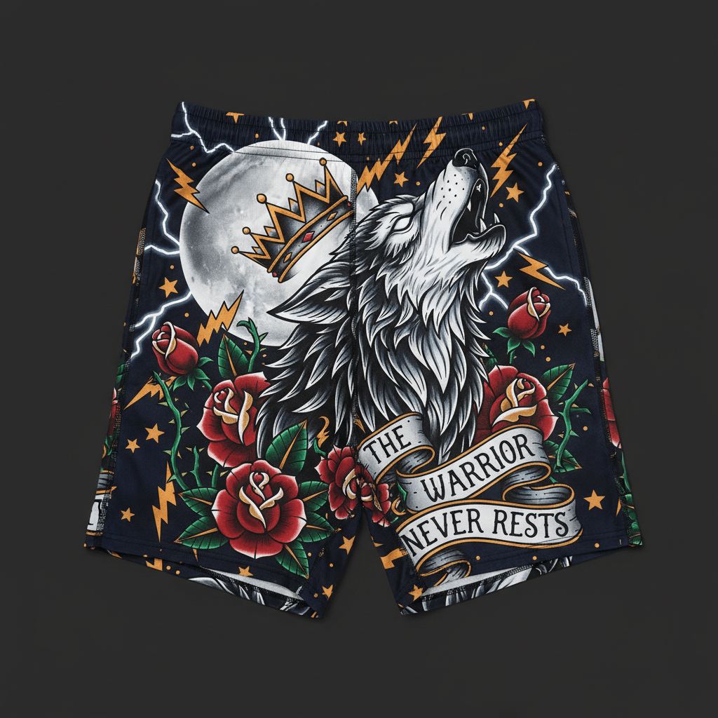 Titan Sport Global shorts featuring a howling wolf, crown, and roses with "The Warrior Never Rests" motivational text.