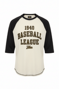 Cream baseball tee with black raglan sleeves and "1940 BASEBALL LEAGUE" text in black and gold vintage font.