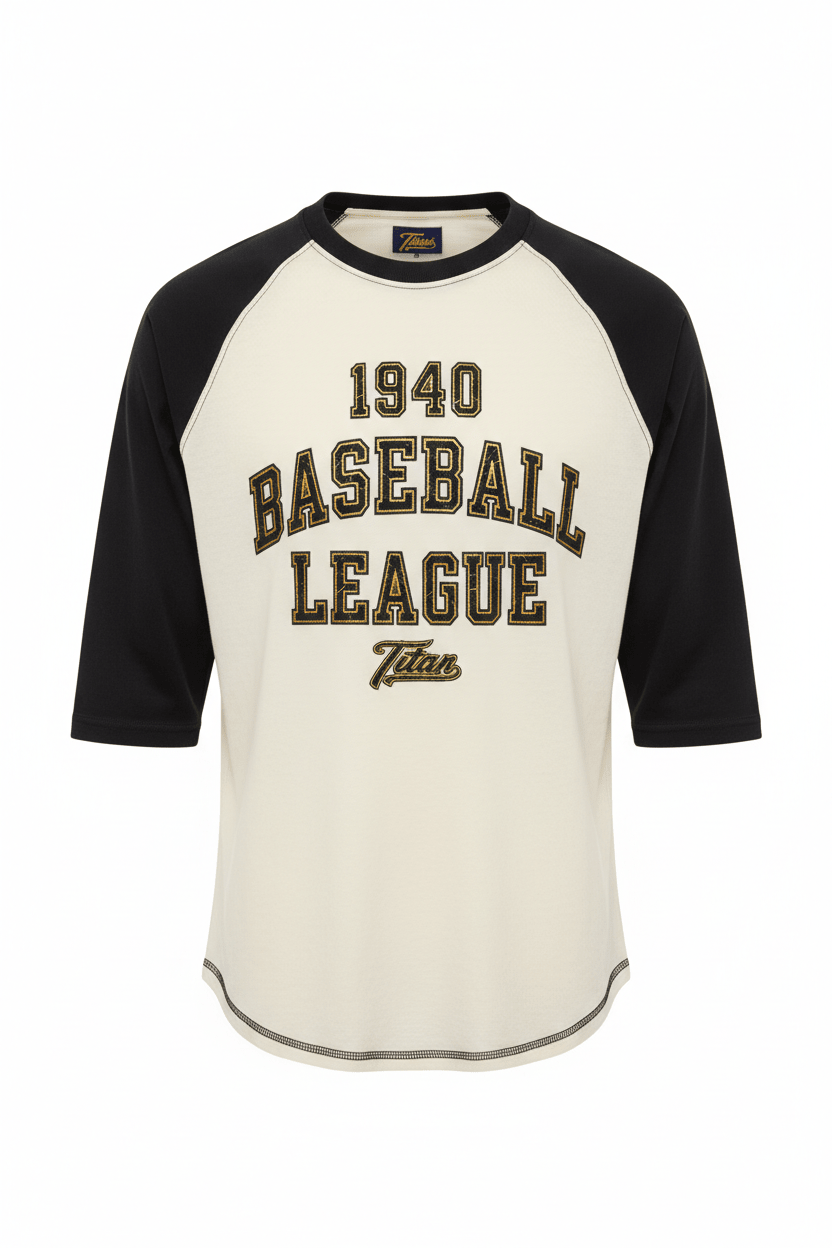 Cream baseball tee with black raglan sleeves and "1940 BASEBALL LEAGUE" text in black and gold vintage font.
