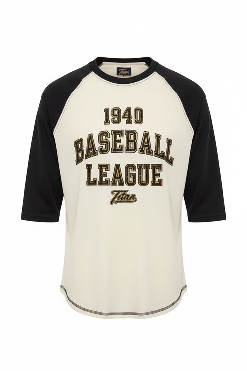 Cream baseball tee with black raglan sleeves and "1940 BASEBALL LEAGUE" text in black and gold vintage font.