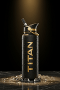 Matte black TITAN water bottle with gold lettering, straw lid, and gold handle, surrounded by ice on dark marble.