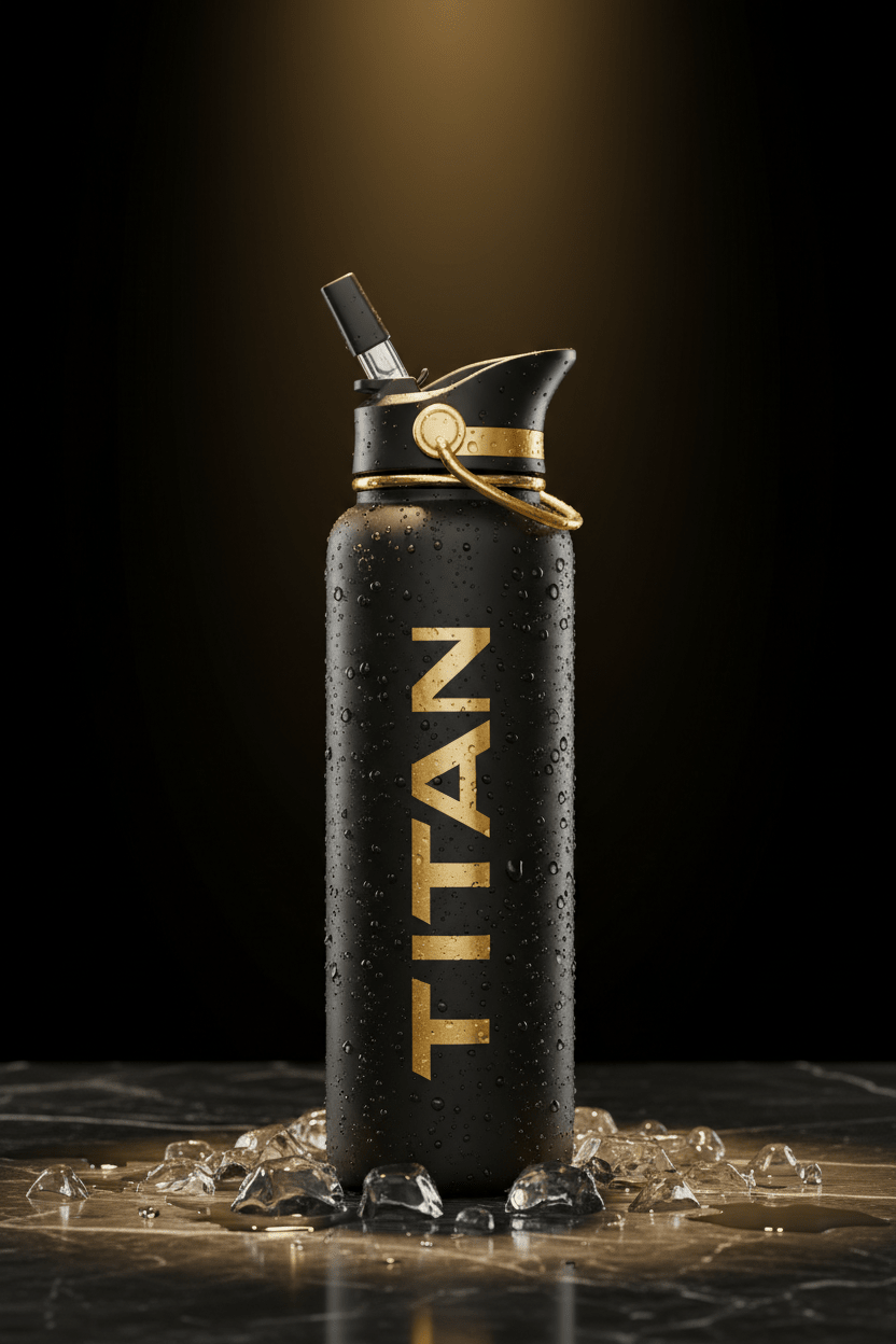 Matte black TITAN water bottle with gold lettering, straw lid, and gold handle, surrounded by ice on dark marble.