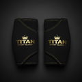 Black 5mm elbow sleeves with gold stitched edges and a gold metallic TITAN SPORT GLOBAL logo with a crown icon.