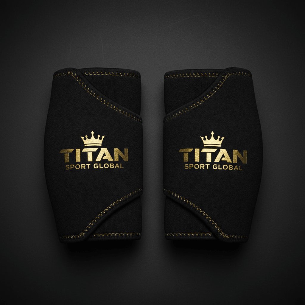 Black 5mm elbow sleeves with gold stitched edges and a gold metallic TITAN SPORT GLOBAL logo with a crown icon.