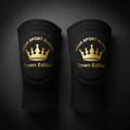 Black 7mm neoprene knee sleeves with a gold metallic crown logo and "TITAN SPORT GLOBAL Crown Edition" text.