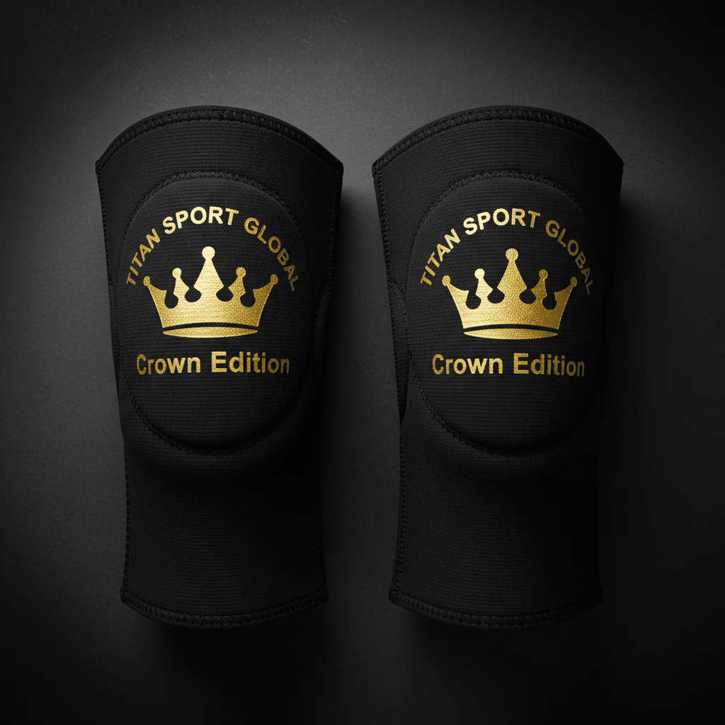 Black 7mm neoprene knee sleeves with a gold metallic crown logo and "TITAN SPORT GLOBAL Crown Edition" text.
