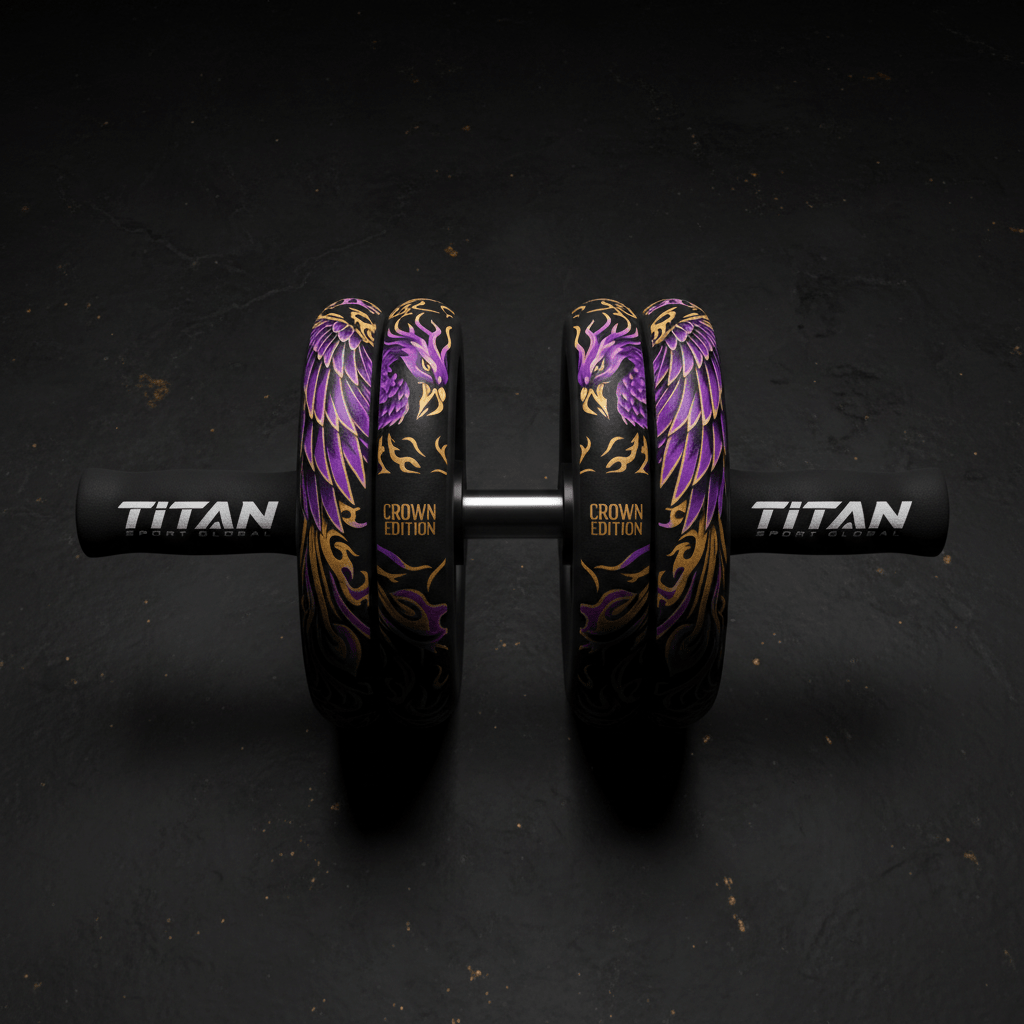 TITAN Ab Roller with dual wheels, black handles, and gold-purple phoenix designs labeled "CROWN EDITION" on a black base.