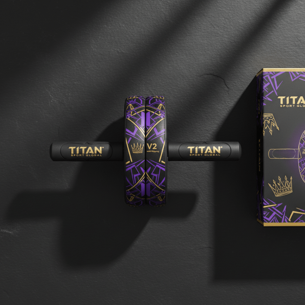 TITAN Ab Roller V2 with black handles, purple and gold geometric wheel tread, and matching product box on dark surface.