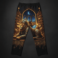 Black lounge pants featuring an armored lion in a library with Arabic calligraphy, crescent moon, and night cityscape.