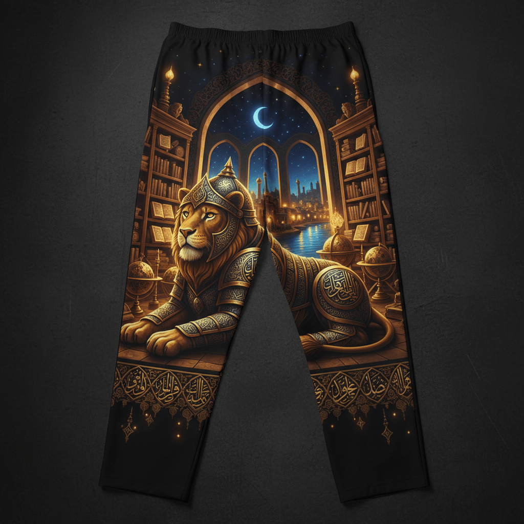 Black lounge pants featuring an armored lion in a library with Arabic calligraphy, crescent moon, and night cityscape.