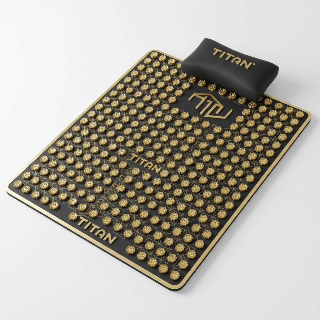 Black acupressure mat and pillow set with gold geometric accents, branding, and numerous gold massage spikes.