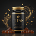 Black bottle with gold cap and text, surrounded by floating gold dust and apple-shaped gummies on a black background.