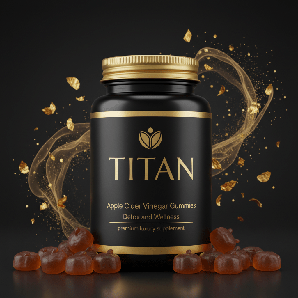 Black bottle with gold cap and text, surrounded by floating gold dust and apple-shaped gummies on a black background.