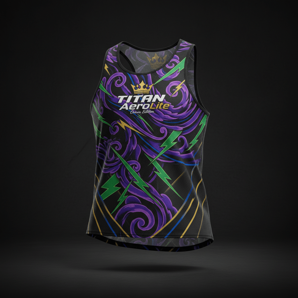 TITAN AeroLite running singlet featuring purple swirls, green lightning, and gold crown branding on a black mesh base.