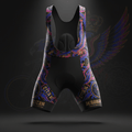 TITAN AeroMax cycling bib shorts in black with ornate purple, blue, and gold wing graphics and gold brand lettering.