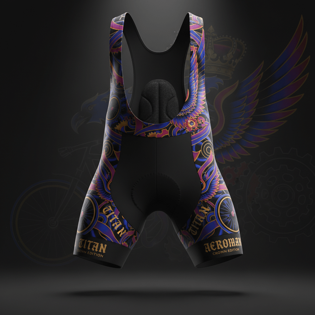 TITAN AeroMax cycling bib shorts in black with ornate purple, blue, and gold wing graphics and gold brand lettering.
