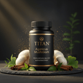 TITAN Agaricus Mushroom supplement bottle in black with gold text, surrounded by mushrooms, cinnamon, and green leaves.