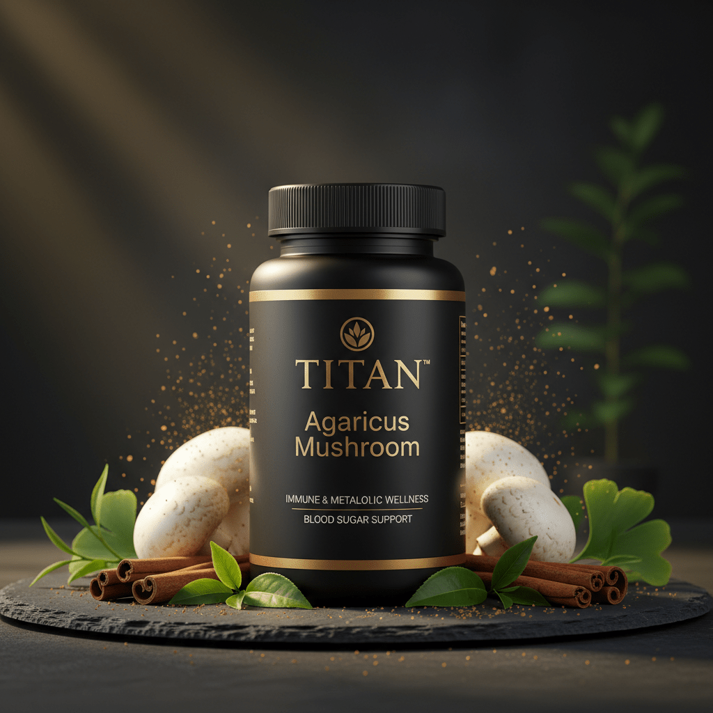 TITAN Agaricus Mushroom supplement bottle in black with gold text, surrounded by mushrooms, cinnamon, and green leaves.