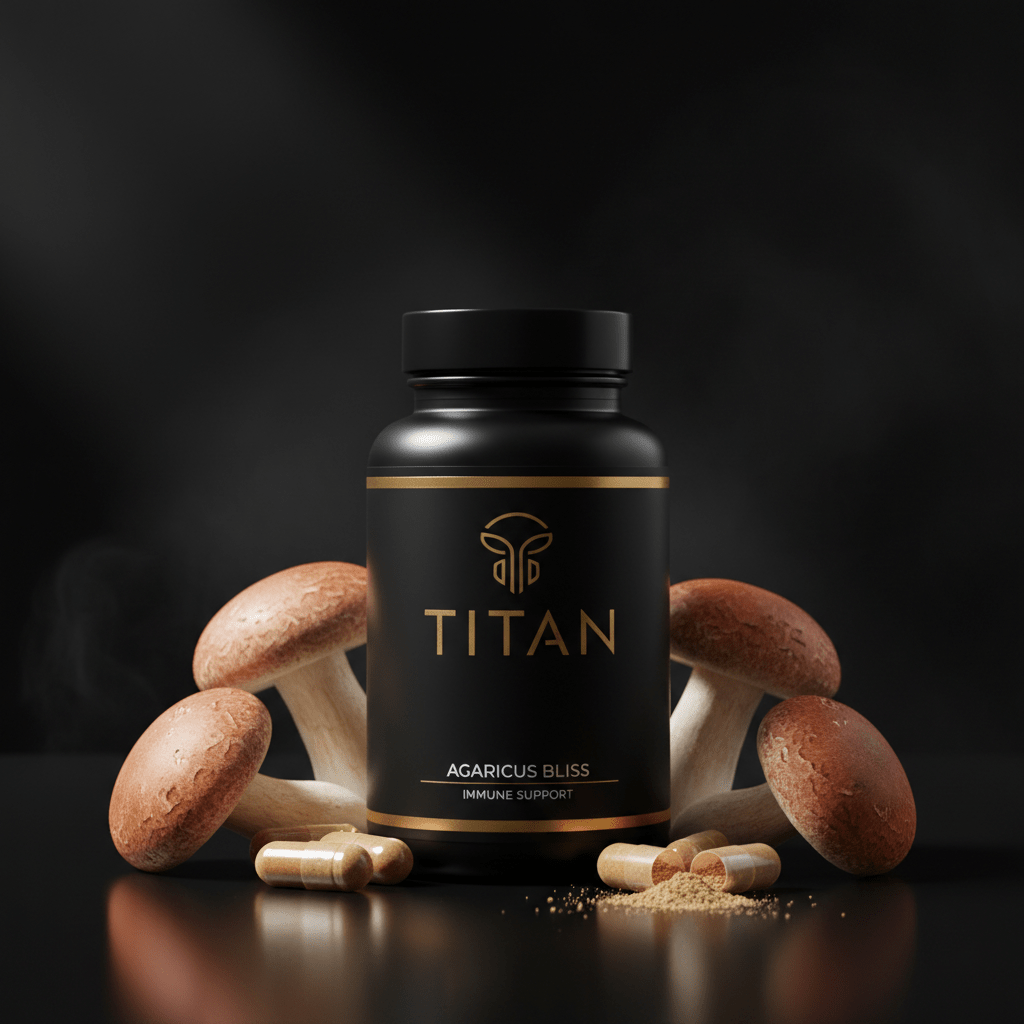 Black bottle of Titan Agaricus Bliss with gold logo, surrounded by mushrooms, capsules, and powder on black surface.