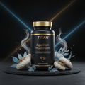 Black bottle of TITAN Agarikon Mushroom supplement with gold text, smoke, blue ferns, and mushrooms on black slate.
