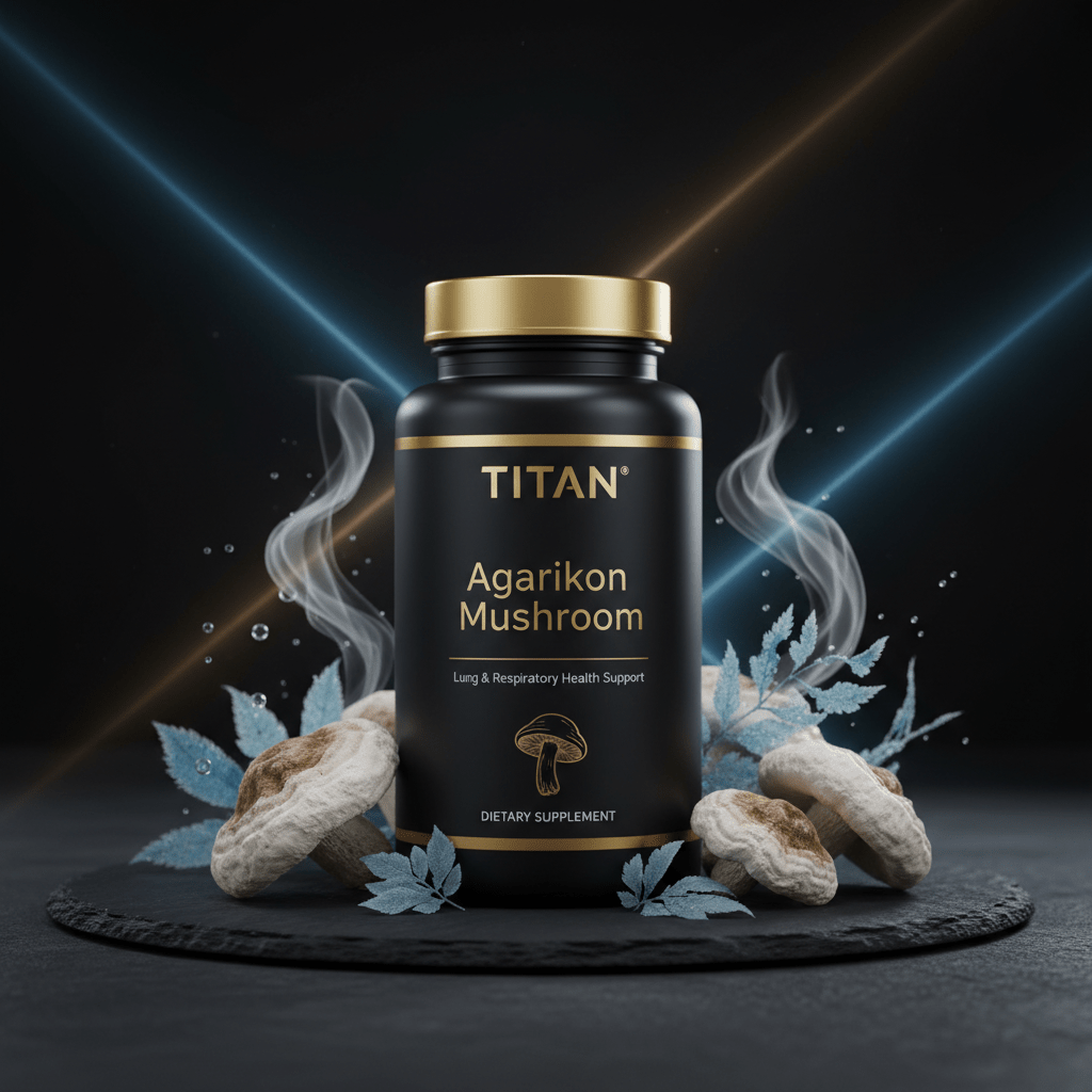 Black bottle of TITAN Agarikon Mushroom supplement with gold text, smoke, blue ferns, and mushrooms on black slate.