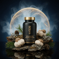 Black bottle of TITAN Agarikon Mushroom capsules on mossy bark with pine cones and mushrooms against a glowing ring.