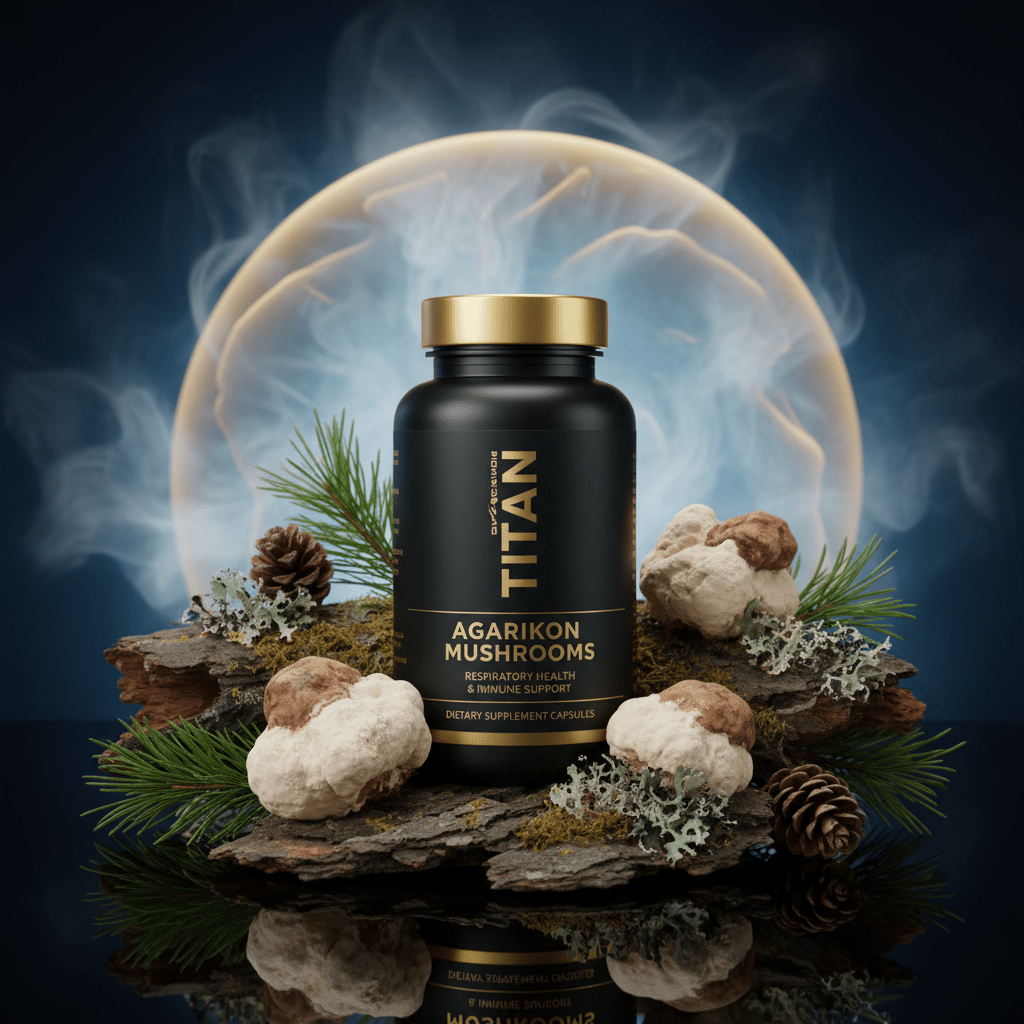 Black bottle of TITAN Agarikon Mushroom capsules on mossy bark with pine cones and mushrooms against a glowing ring.