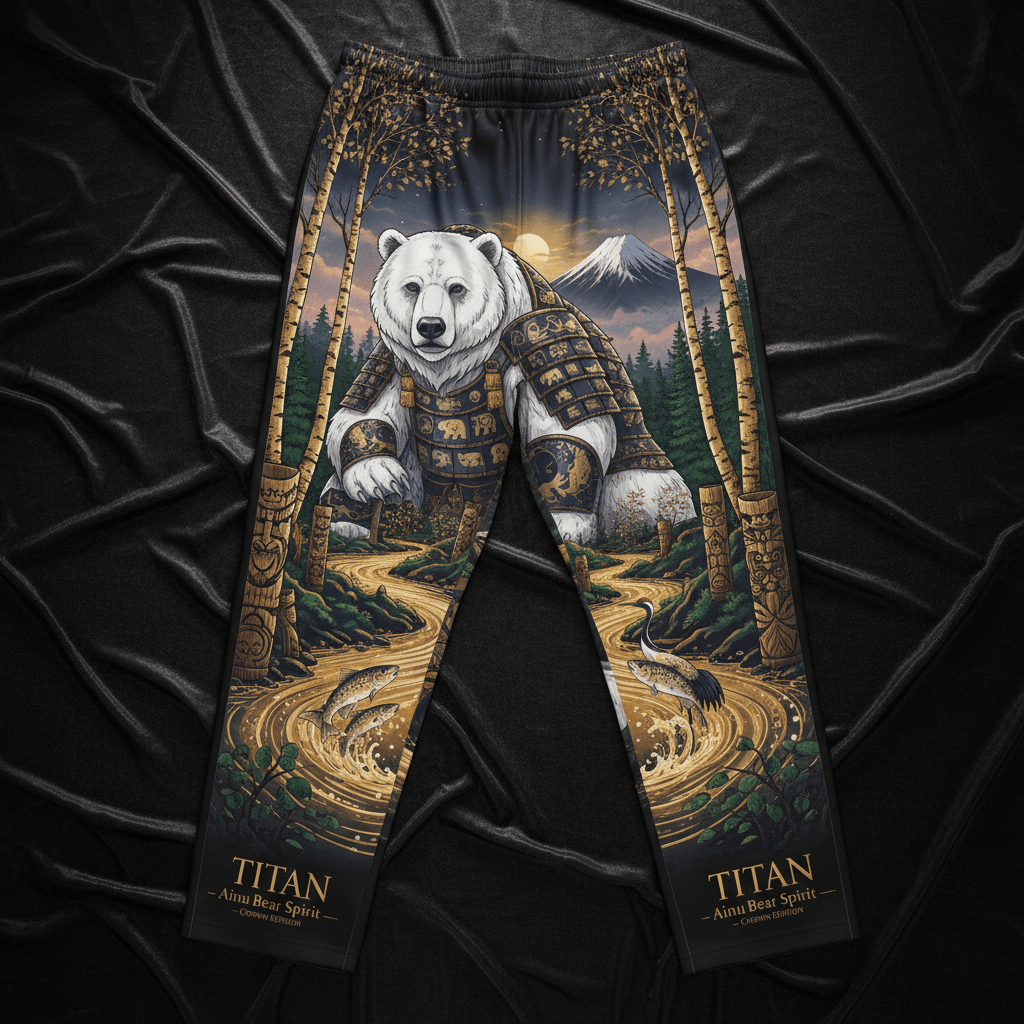 Black lounge pants with a white bear in golden samurai armor, forest, mountain, river, and Titan logo branding.