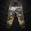 Black lounge pants with a white bear in golden samurai armor, forest, mountain, river, and Titan logo branding.