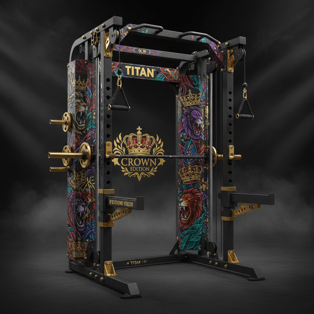 Black Titan Smith machine with gold accents and colorful lion and crown graphic panels on a dark background.