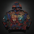 Black hoodie with all-over print of red roses, blue snakes, crowns, and roaring lion heads with "TITAN SPORT" logo.